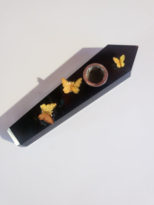 Obsidian Pipe with Gold Butterflies