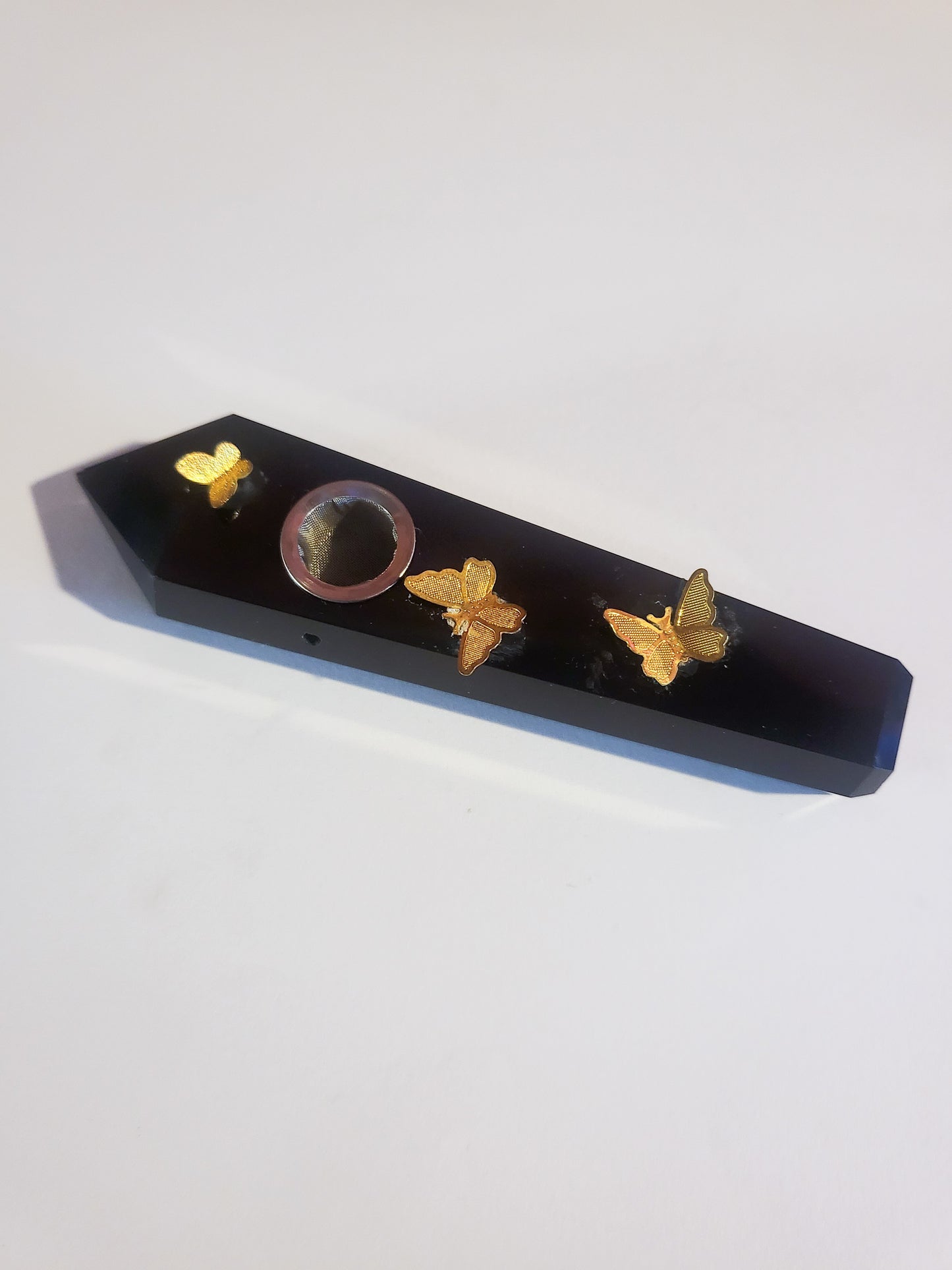 Obsidian Pipe with Gold Butterflies