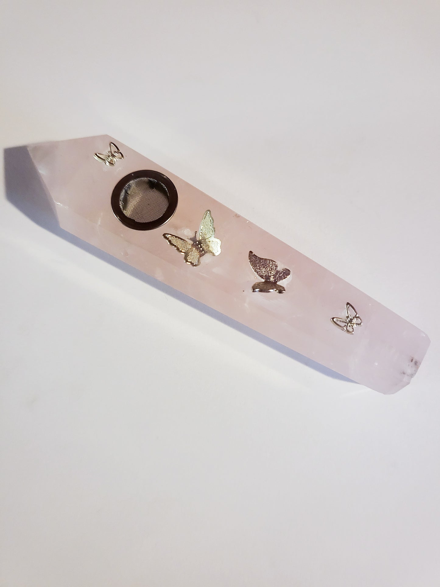 Rose Quartz Pipe with Butterflies