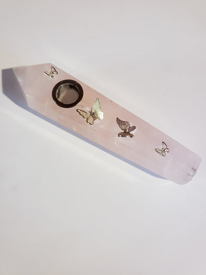 Rose Quartz Pipe with Butterflies