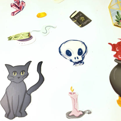 Witchy Vibes Sticker Sheet / waterproof vinyl stickers Magick black cat Cauldron Halloween witch cute doodles crystals skull snake magic