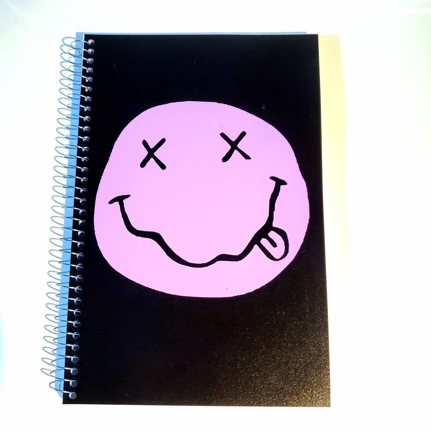 Grunge Smiley Spiral Notebook / Journal / Two Subject / pocket divider 5.5" x 8.5" black purple