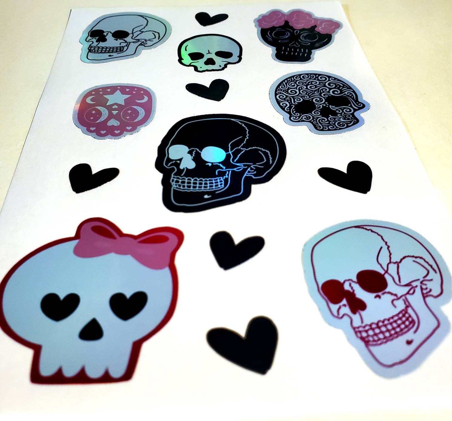 Holographic Skulls Sticker Sheet - Waterproof 4.25" x 7.25" - grunge black pink y2k sugar alternative skeleton cute