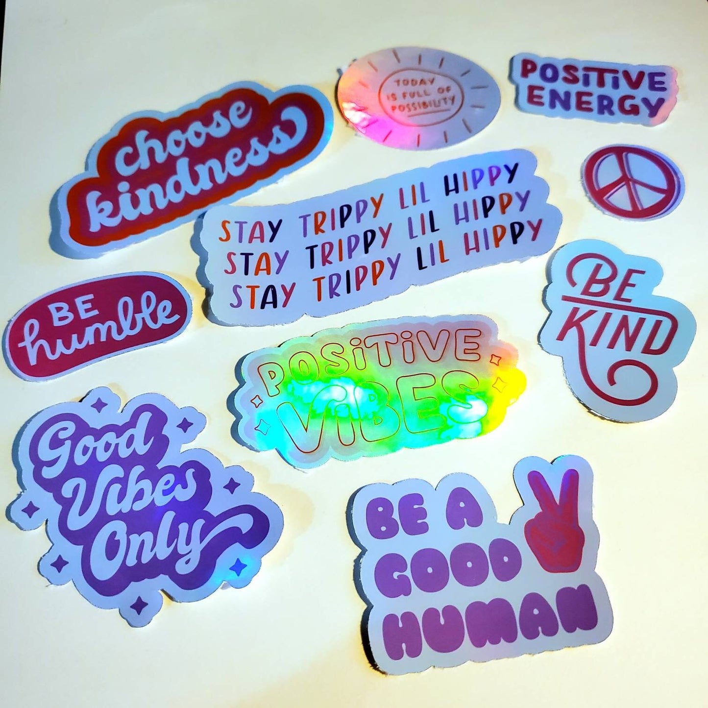 Retro Good Vibes Only Holographic Sticker Pack - Set of 10 waterproof stickers - peace positive energy be a good human be kind trippy hippy