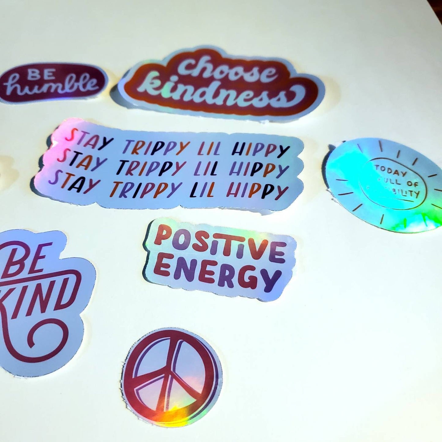 Retro Good Vibes Only Holographic Sticker Pack - Set of 10 waterproof stickers - peace positive energy be a good human be kind trippy hippy