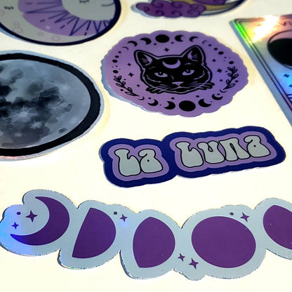 Purple Moon Holographic Sticker Pack - Set of 10 waterproof stickers - La Luna Celestial Lavender Witch black cat moon phases tarot stickers