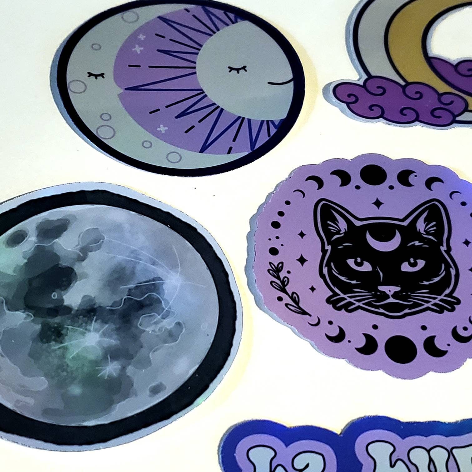 Purple Moon Holographic Sticker Pack - Set of 10 waterproof stickers - La Luna Celestial Lavender Witch black cat moon phases tarot stickers