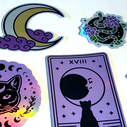 Purple Moon Holographic Sticker Pack - Set of 10 waterproof stickers - La Luna Celestial Lavender Witch black cat moon phases tarot stickers