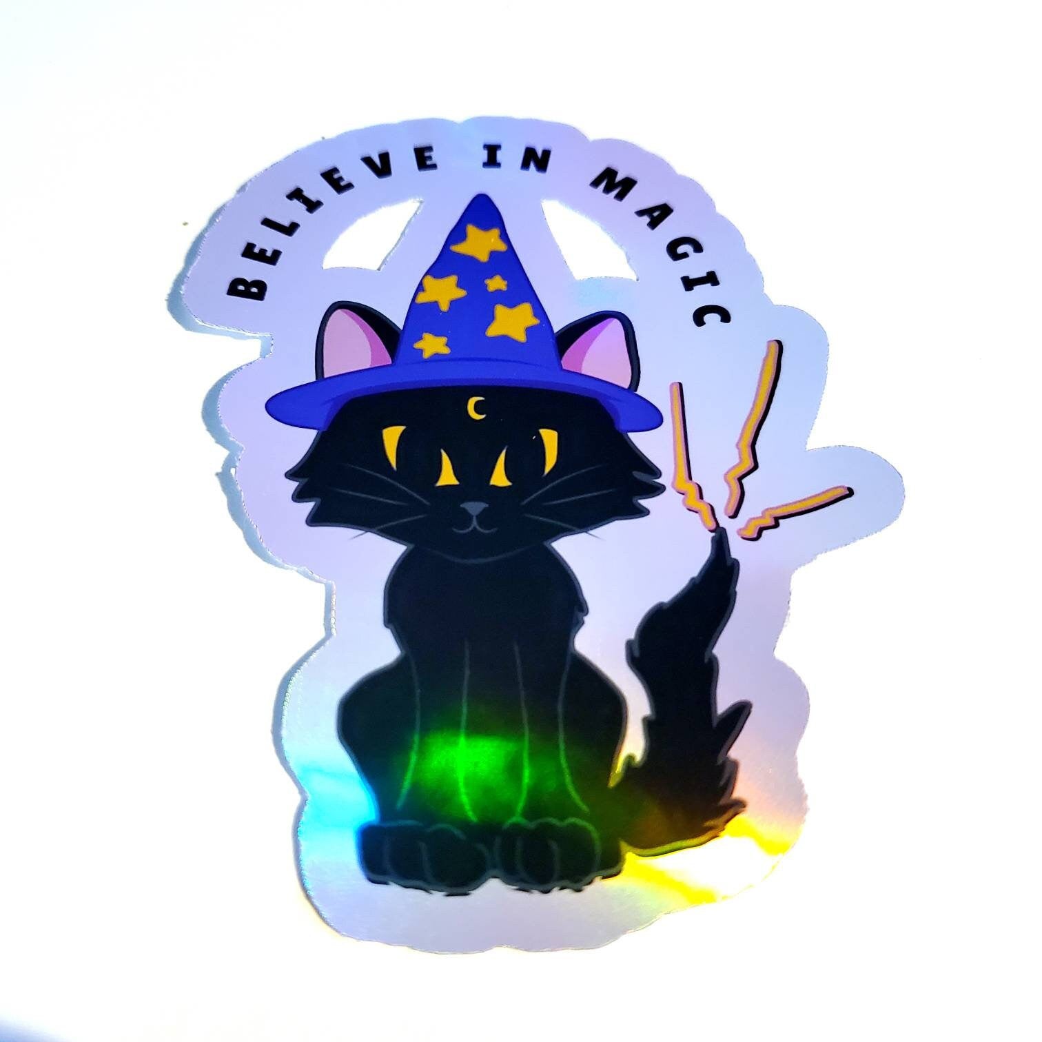 Believe In Magic Holographic Sticker - vinyl decal wizard black cat witch crescent moon stars