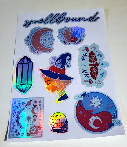 Holographic Spellbound Sticker Sheet - Waterproof 4.25" x 7.25" - witch magic moon crystals moth mushrooms sun Luna celestial