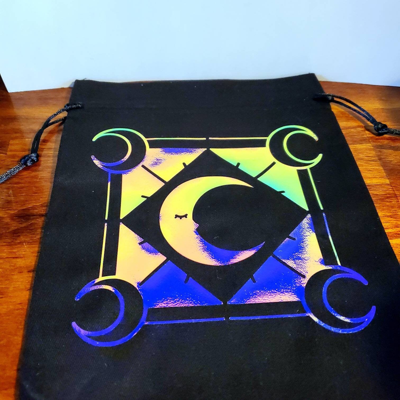 Holographic Tarot Bag / drawstring gift bag / 7.5" x 9.5" 100% cotton black witch tarot cards oracle deck moon crystal ball hands