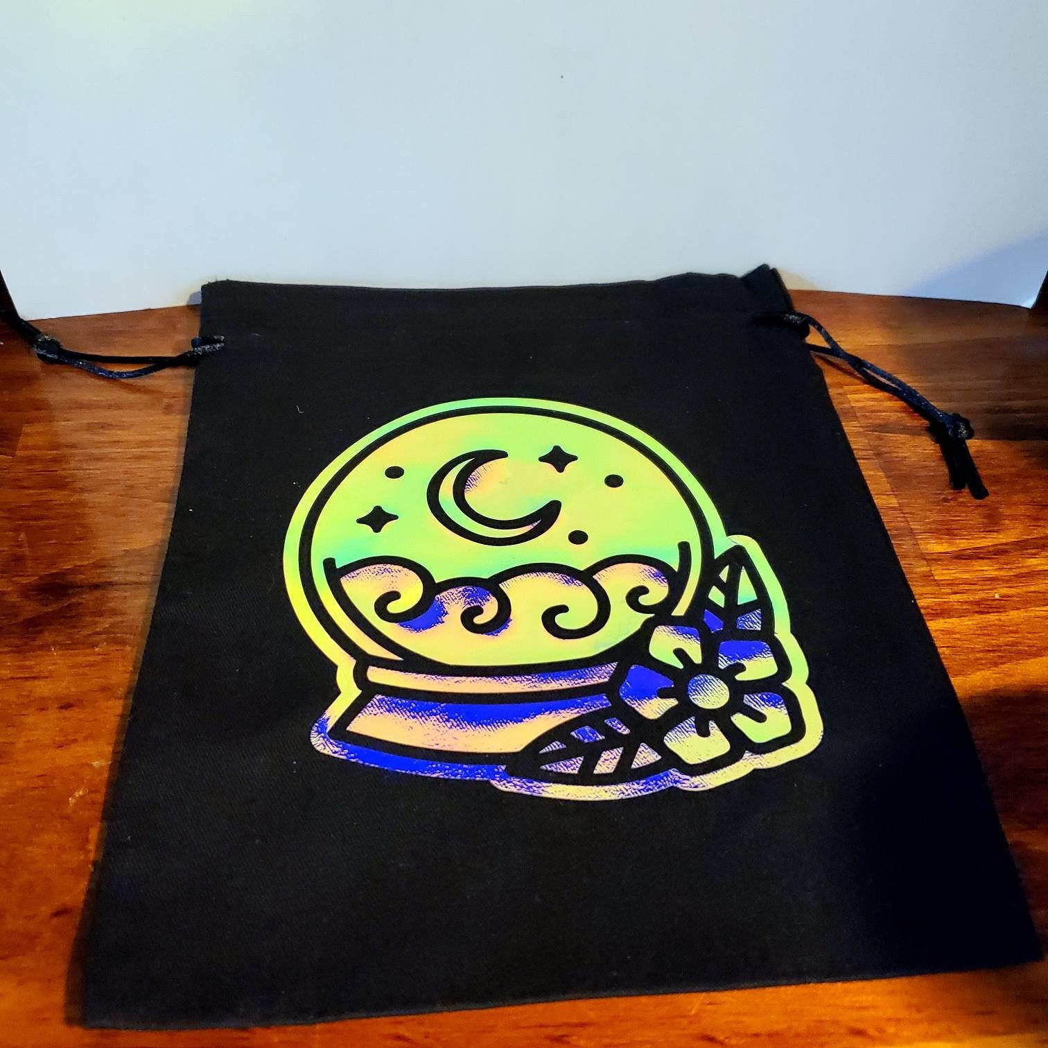 Holographic Tarot Bag / drawstring gift bag / 7.5" x 9.5" 100% cotton black witch tarot cards oracle deck moon crystal ball hands