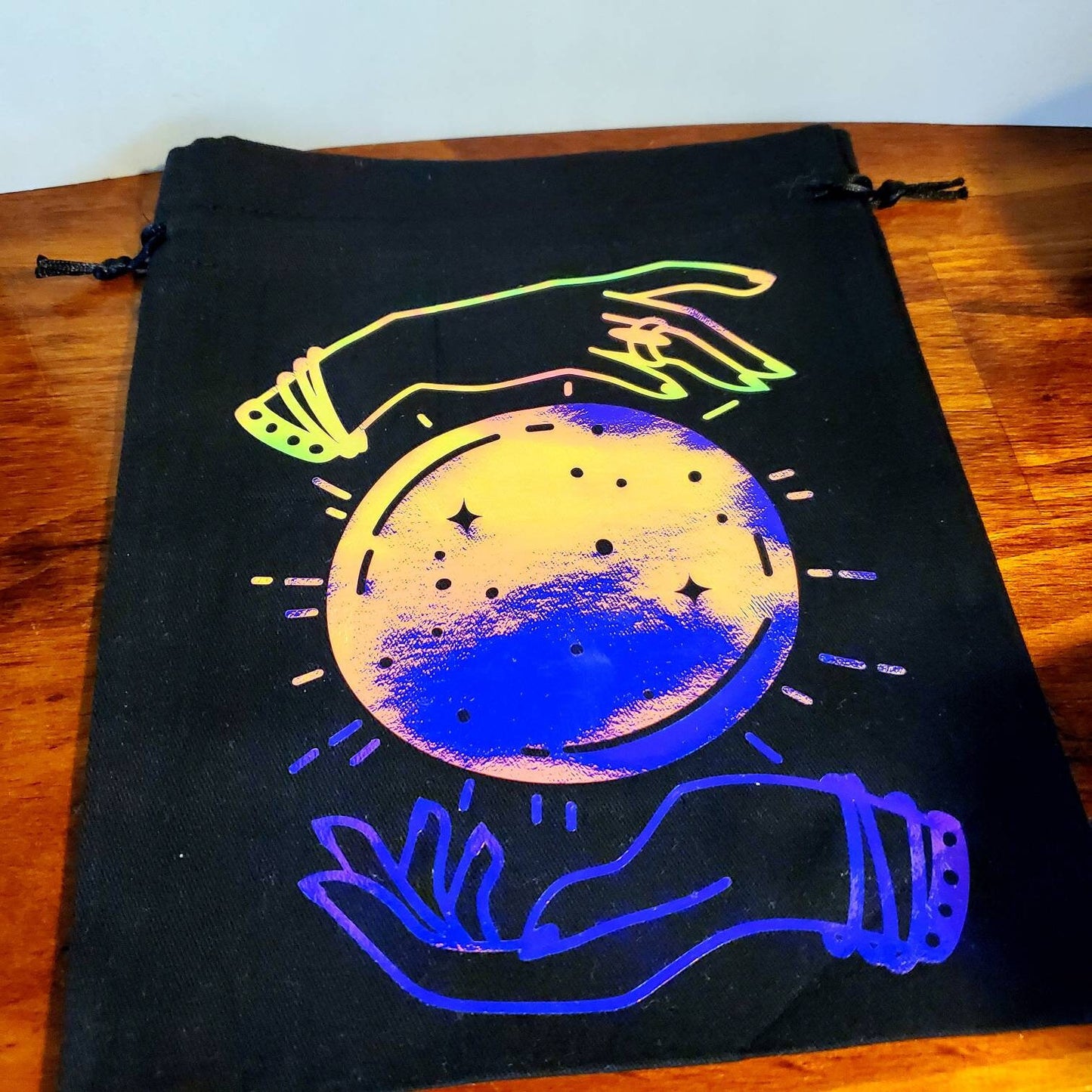 Holographic Tarot Bag / drawstring gift bag / 7.5" x 9.5" 100% cotton black witch tarot cards oracle deck moon crystal ball hands