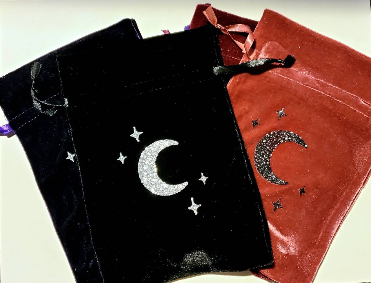 Velvet Moon & Stars Tarot Bag / drawstring gift bag / 6" x 9" / tarot card deck oracle storage pouch glitter