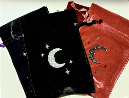 Velvet Moon & Stars Tarot Bag / drawstring gift bag / 6" x 9" / tarot card deck oracle storage pouch glitter