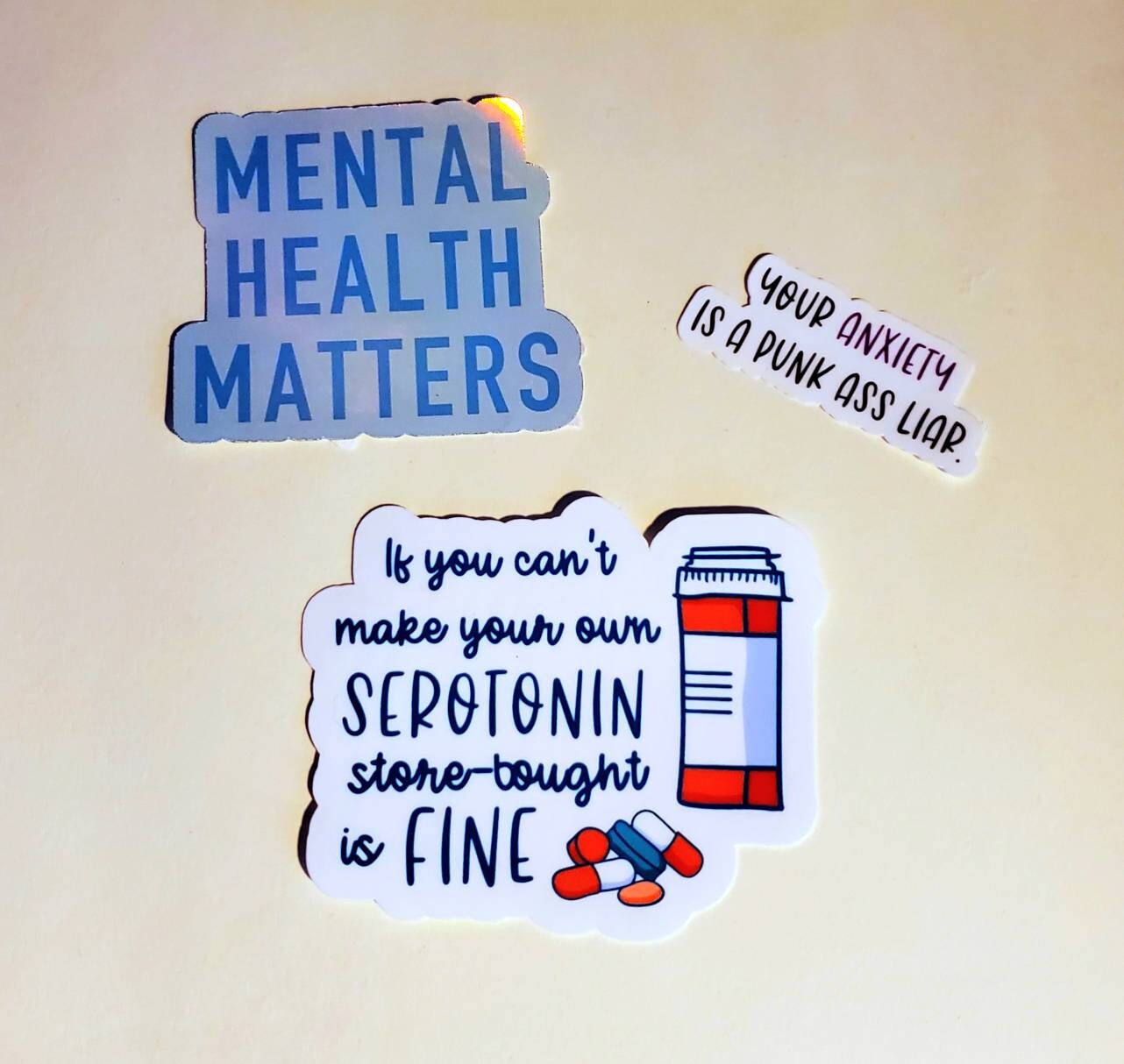 Mental Health Awareness Sticker Pack - vinyl decal waterproof holographic stickers trio bundle anxiety depression serotonin