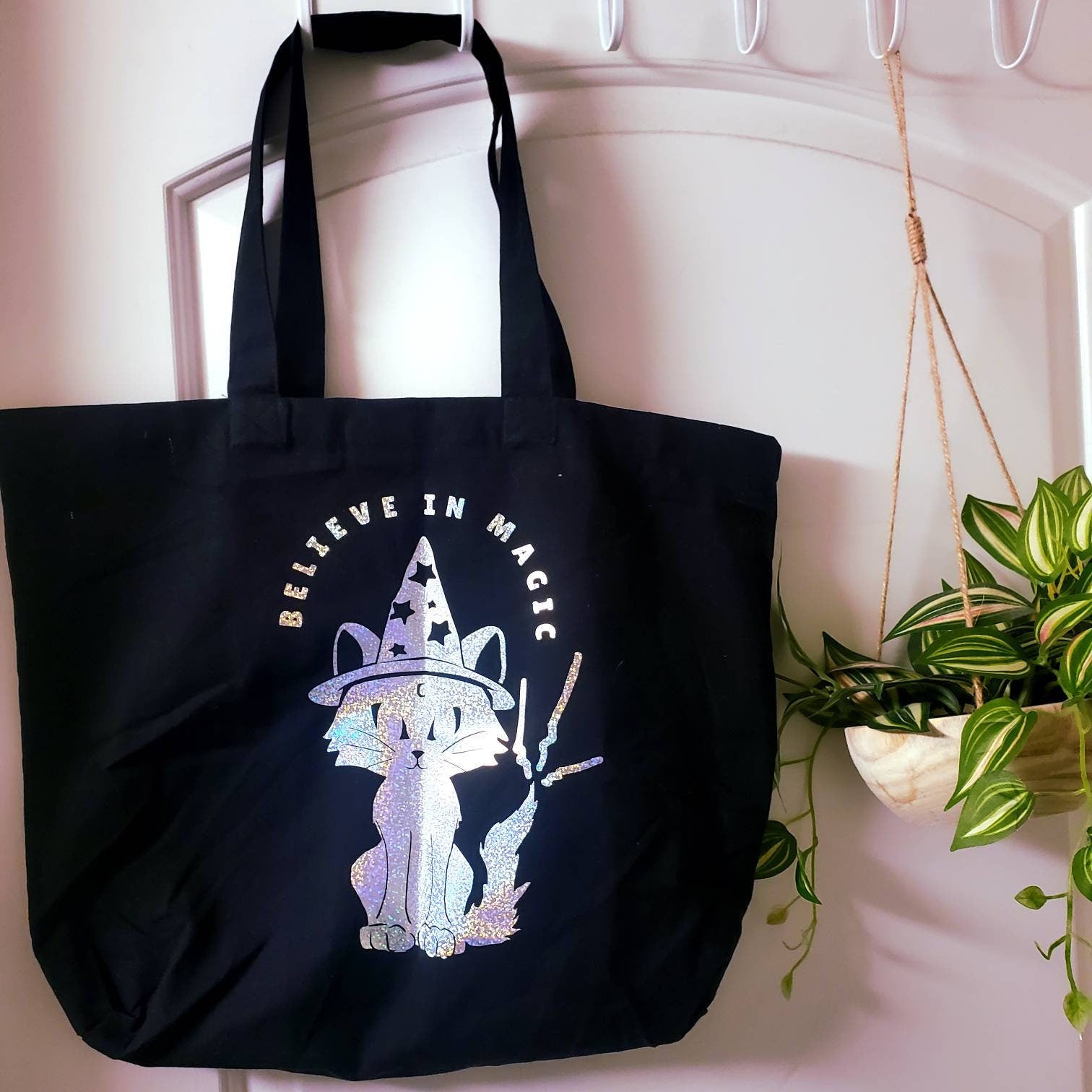 Believe In Magic Tote Bag / 13.5" x 13.5" x 3.5" canvas tote bag / black cat witch glitter holographic