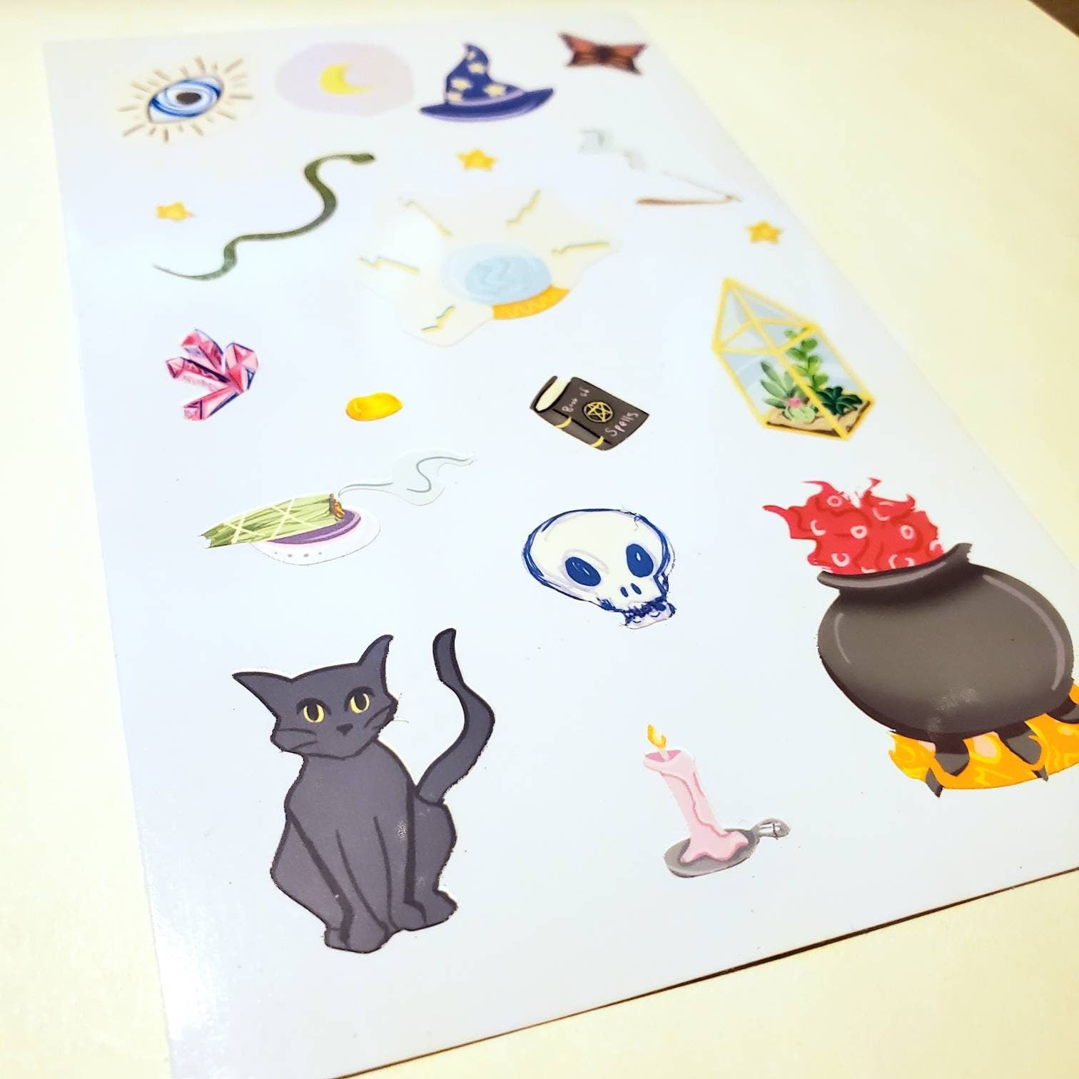 Witchy Vibes Sticker Sheet / waterproof vinyl stickers Magick black cat Cauldron Halloween witch cute doodles crystals skull snake magic