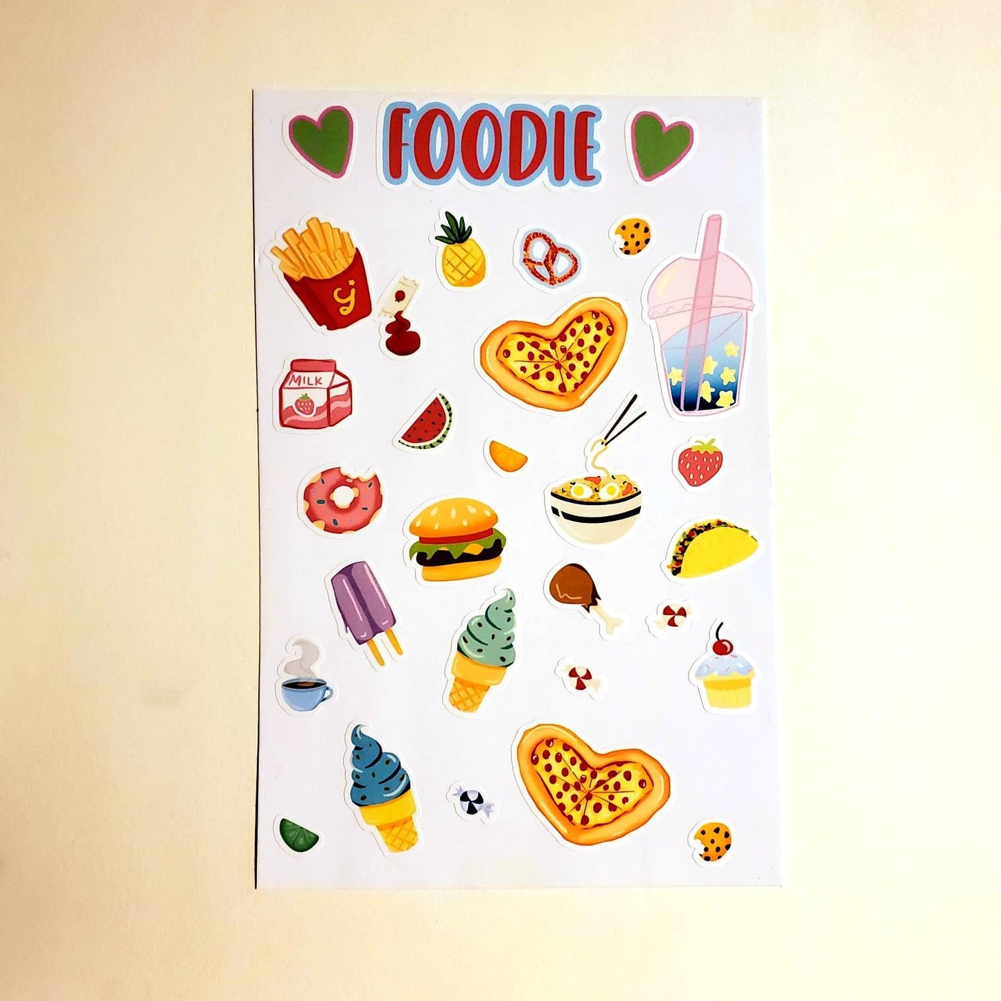 Foodie Sticker Sheet / waterproof vinyl cute doodles food lover pizza burger ramen sweets Boba fries cookies strawberry pineapple donut taco