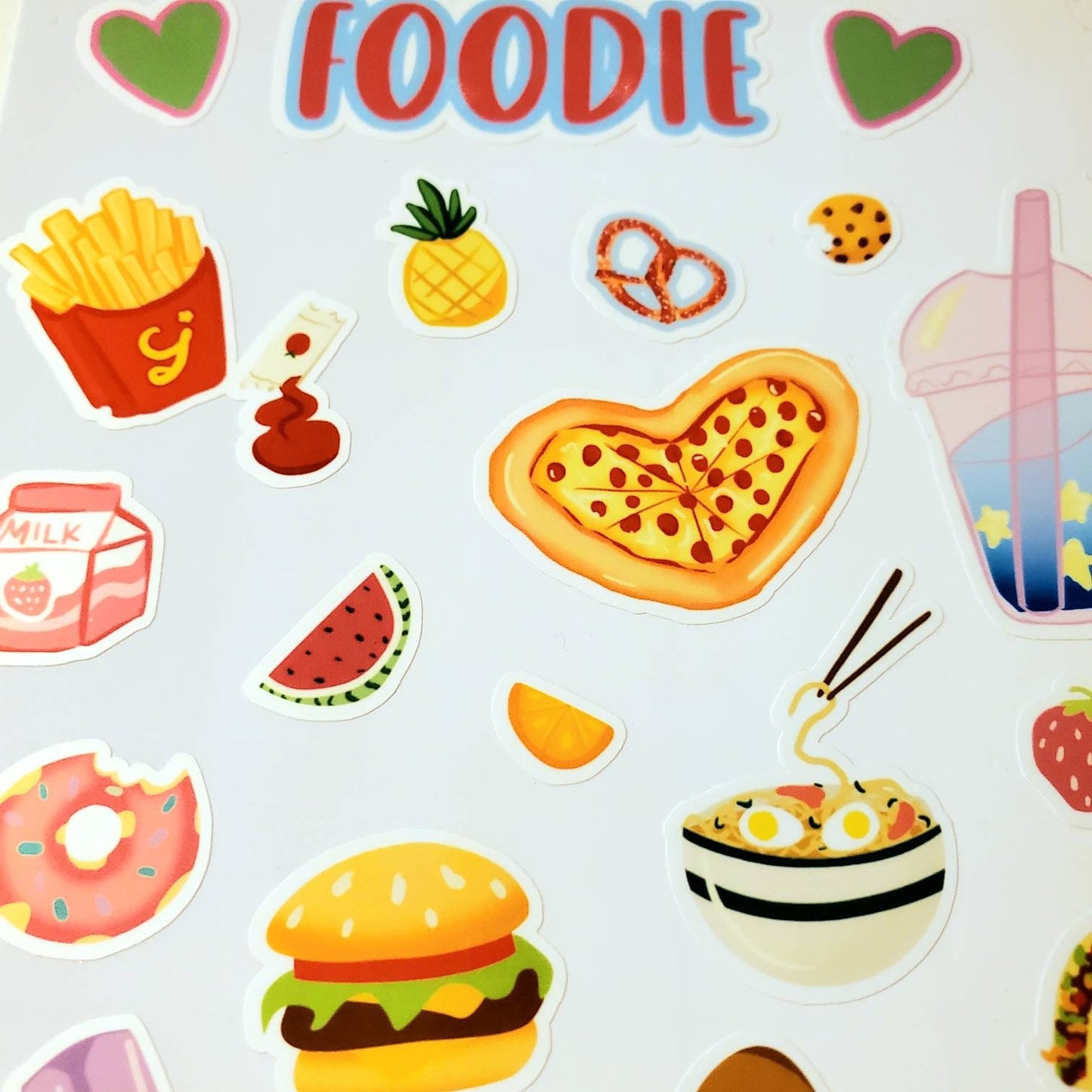 Foodie Sticker Sheet / waterproof vinyl cute doodles food lover pizza burger ramen sweets Boba fries cookies strawberry pineapple donut taco