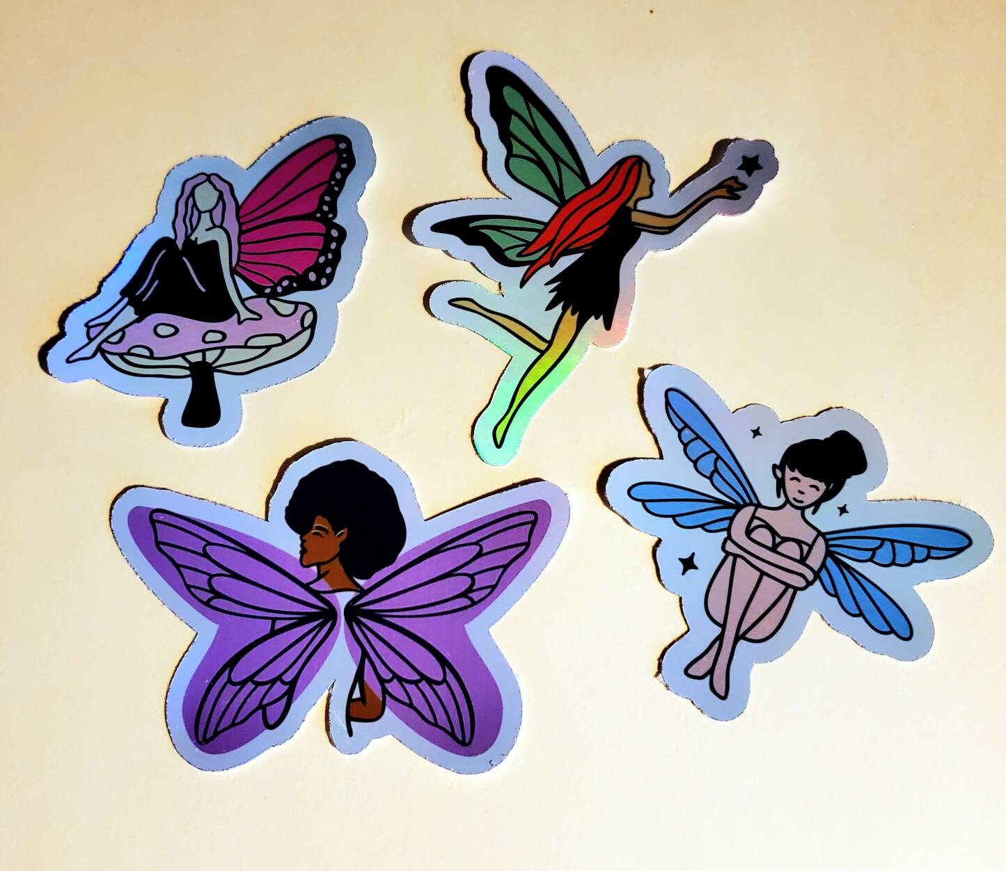 Holographic Fairies Sticker Pack / 4 Stickers / faeries fairy pixie iridescent