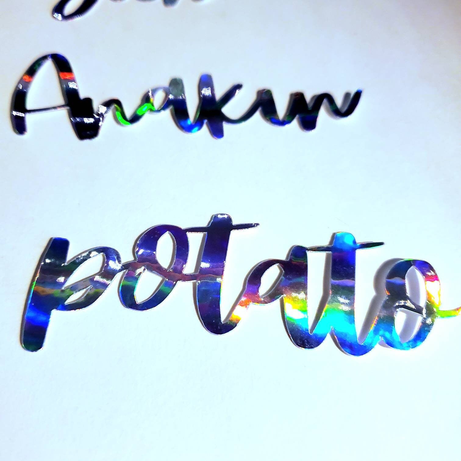 Custom Name Holographic Sticker - 1.5" height - personalized word iridescent vinyl silver rainbow