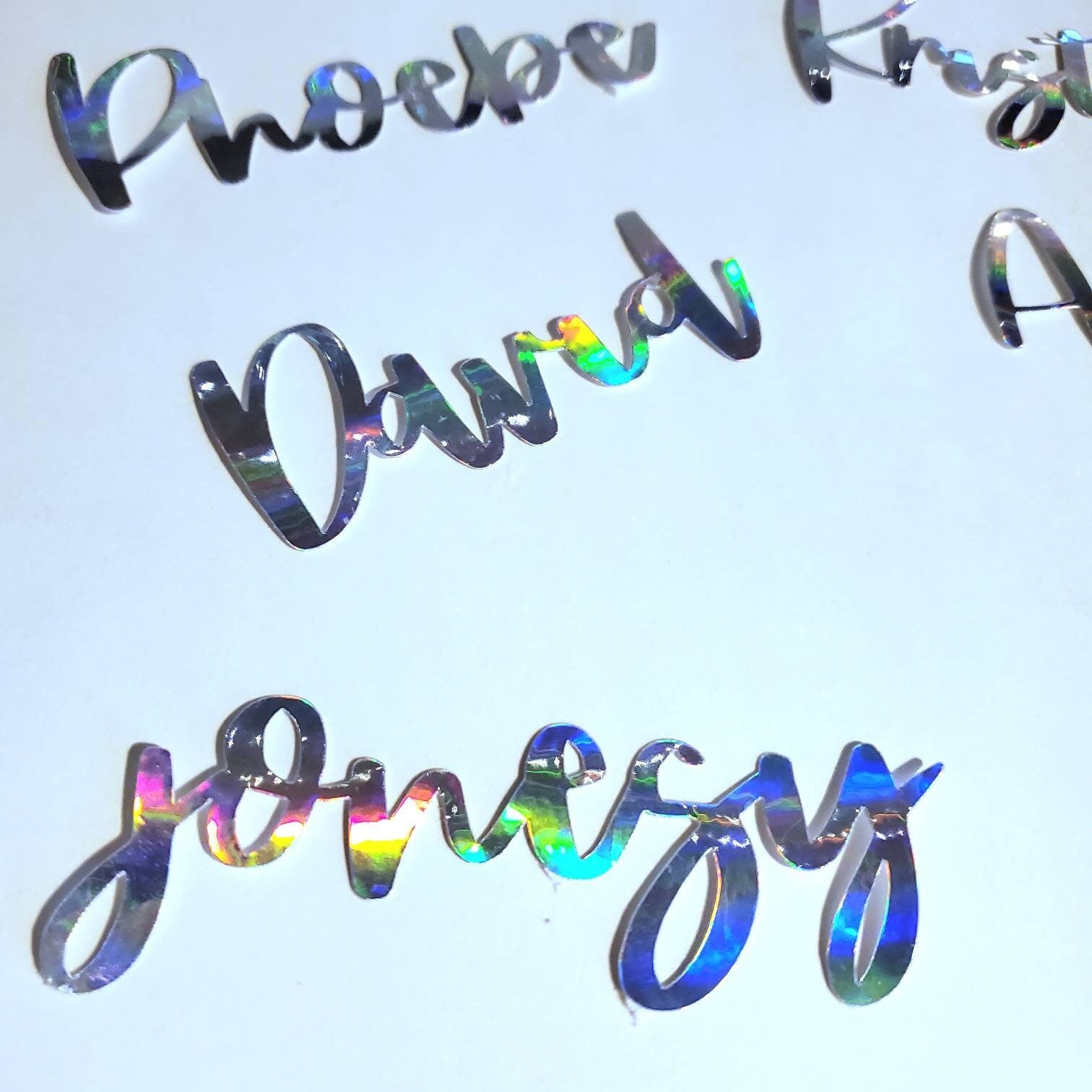 Custom Name Holographic Sticker - 1.5" height - personalized word iridescent vinyl silver rainbow