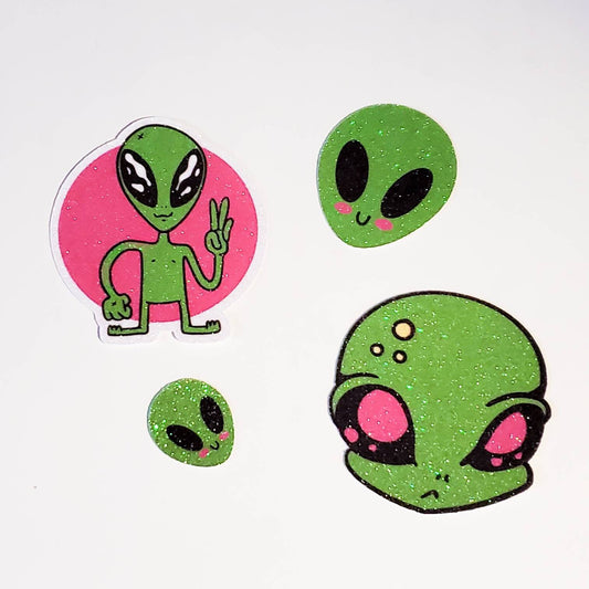 Alien Sticker Pack / glitter stickers (no fall-out) / space theme extraterrestrial 90s neon 4 pack bundle aliens