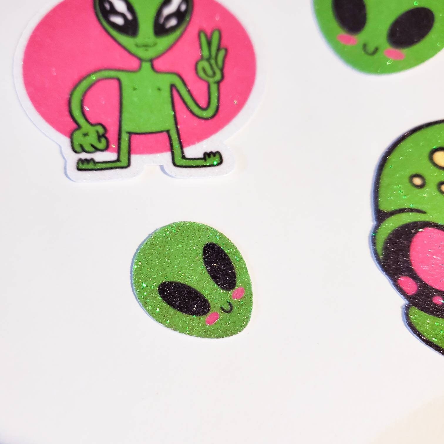 Alien Sticker Pack / glitter stickers (no fall-out) / space theme extraterrestrial 90s neon 4 pack bundle aliens