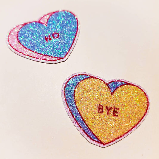 No / Bye Candy Hearts Stickers - glittery waterproof sticker - Zero Fallout Glitter - valentine's Sticker Pack duo 2 solo single