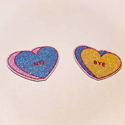 No / Bye Candy Hearts Stickers - glittery waterproof sticker - Zero Fallout Glitter - valentine's Sticker Pack duo 2 solo single