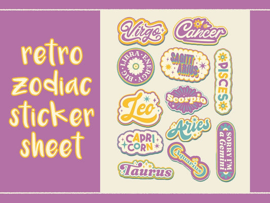 Retro Vibes Zodiac Sticker Sheet - Holographic Waterproof 4.25" x 7.25" - Astrology Star Signs Aries Leo Scorpio Capricorn Libra Virgo