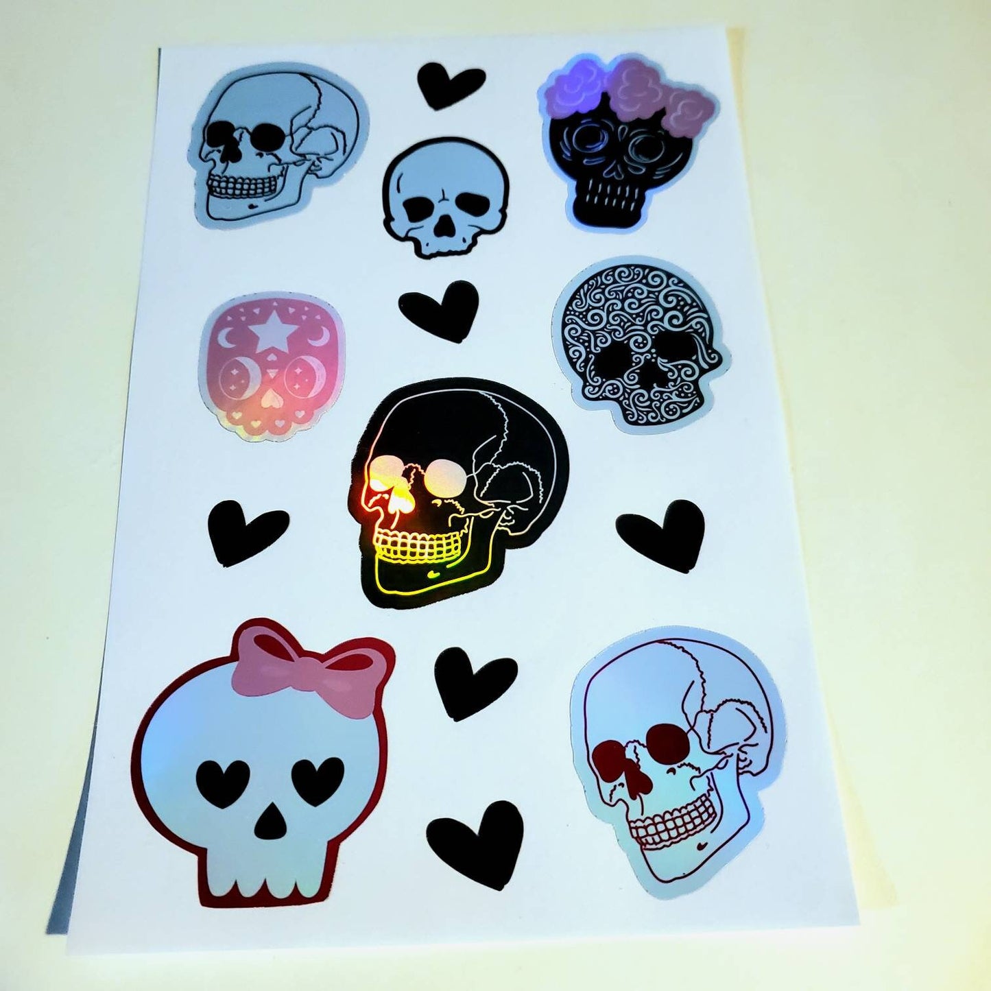 Holographic Skulls Sticker Sheet - Waterproof 4.25" x 7.25" - grunge black pink y2k sugar alternative skeleton cute