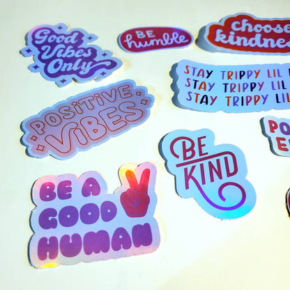 Retro Good Vibes Only Holographic Sticker Pack - Set of 10 waterproof stickers - peace positive energy be a good human be kind trippy hippy