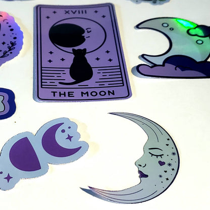 Purple Moon Holographic Sticker Pack - Set of 10 waterproof stickers - La Luna Celestial Lavender Witch black cat moon phases tarot stickers