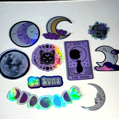 Purple Moon Holographic Sticker Pack - Set of 10 waterproof stickers - La Luna Celestial Lavender Witch black cat moon phases tarot stickers