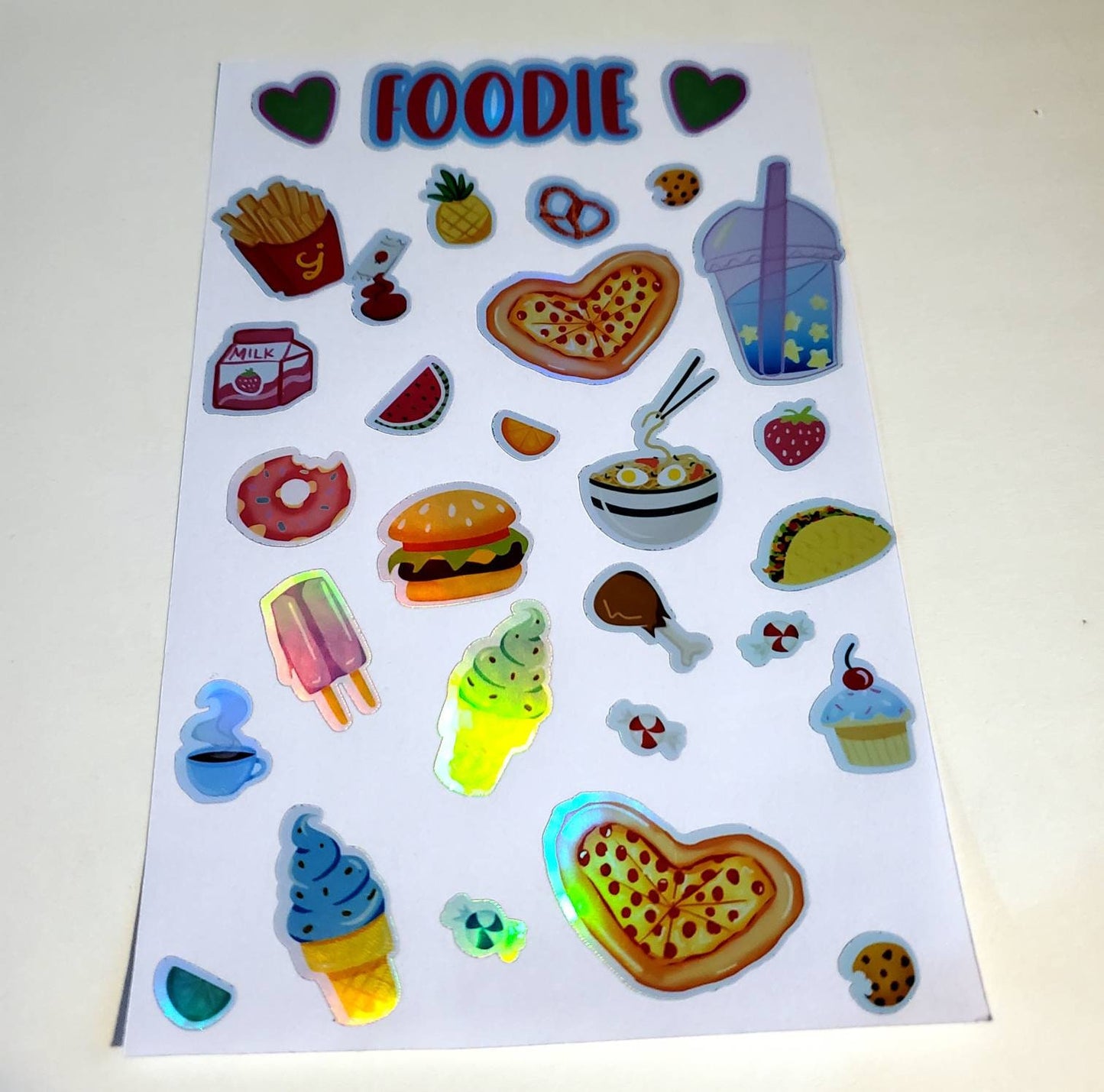 Foodie Sticker Sheet / waterproof vinyl cute doodles food lover pizza burger ramen sweets Boba fries cookies strawberry pineapple donut taco