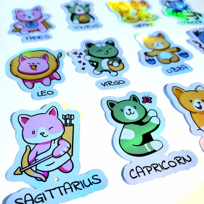 Zodiac Kitty Cats Pack of 12 or Single Sticker / holographic sticker set vinyl astrology cat