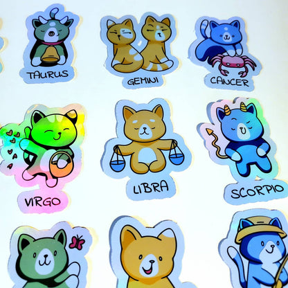 Zodiac Kitty Cats Pack of 12 or Single Sticker / holographic sticker set vinyl astrology cat