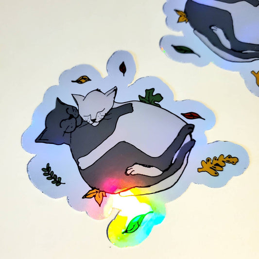 Kitty Love Holographic Sticker - vinyl decal waterproof snuggle cats cute kitties fall leaves autumn