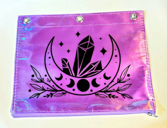 Crystals and Moons Binder Pouch - 9.9" x 7.9" iridescent holographic purple Moon phases crystal stars school supplies 3-ring pencil bag