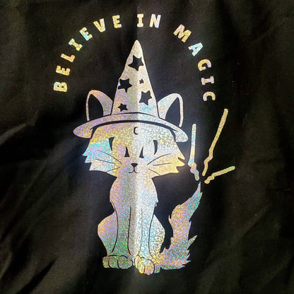 Believe In Magic Tote Bag / 13.5" x 13.5" x 3.5" canvas tote bag / black cat witch glitter holographic