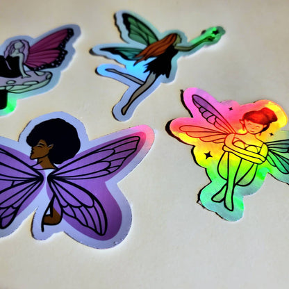 Holographic Fairies Sticker Pack / 4 Stickers / faeries fairy pixie iridescent