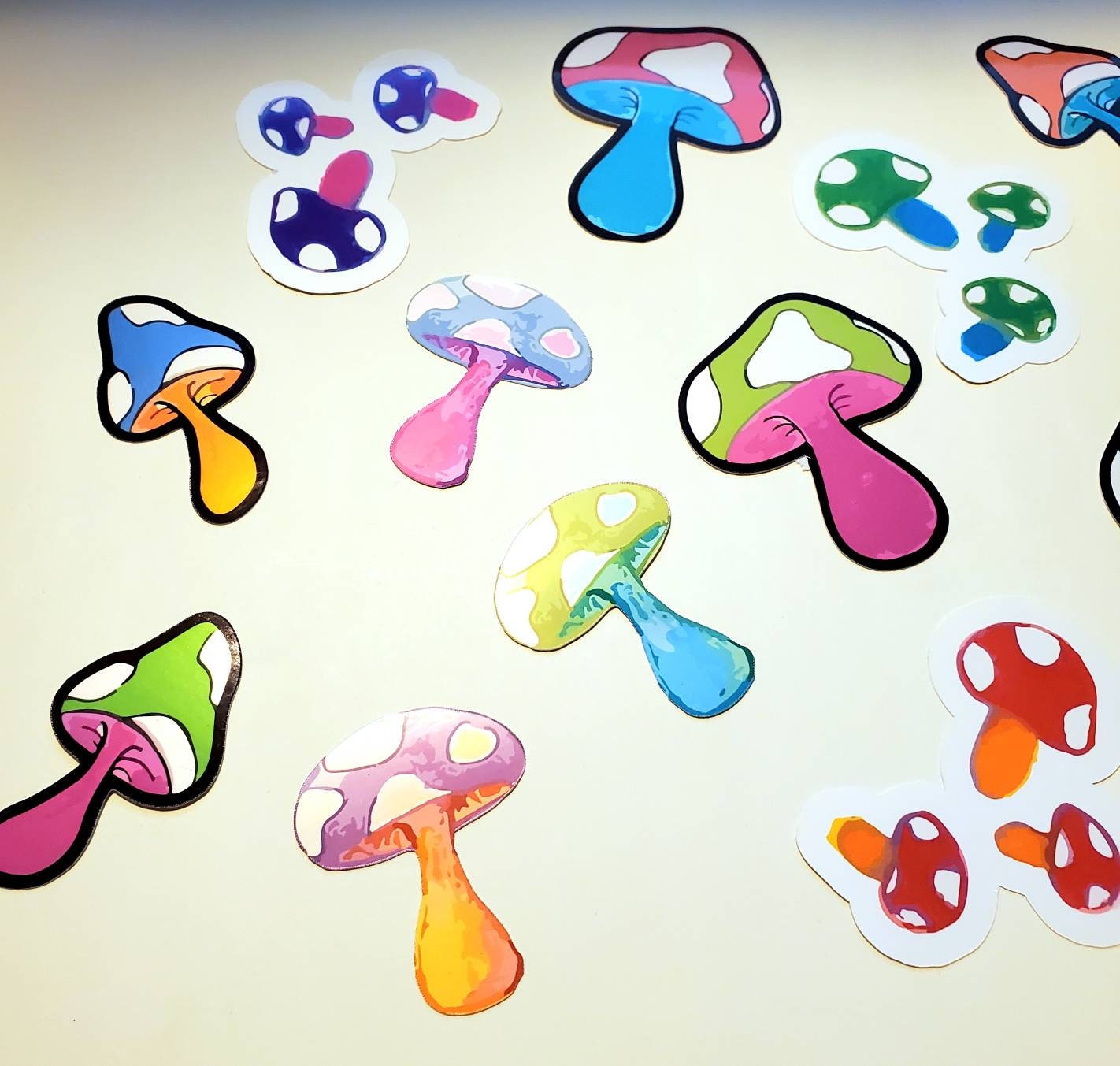 Trippy Shrooms Sticker Pack - Set of 12 stickers - psychedelic mushroom neon vibrant bright purple pink red green blue mushrooms bundle