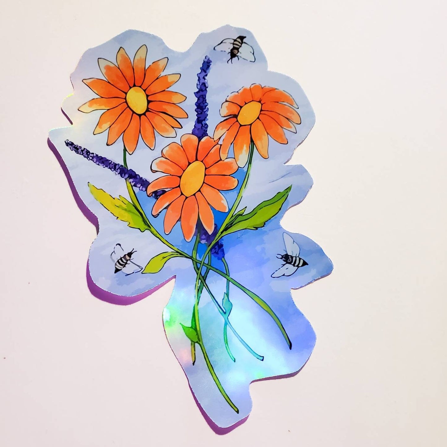 Spring Bouquet with Bees Holographic Sticker - original art floral flowers lavender bee