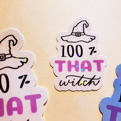 100% That Witch - Holographic or Sparkle Sticker - Small or Large - witchy magic lizzo cute laptop water bottle stickers