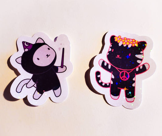 Hippie & Magic Cat Sticker Pack or Single Stickers / Holographic Sparkles / kitty cats cute hippy magician wand peace