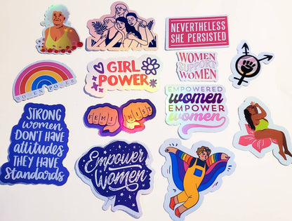 Girl Power Sticker Pack - 13 Stickers Holographic or Sparkle Finish - Intersectional Feminism Inclusivity Feminist Women Empowerment Persist