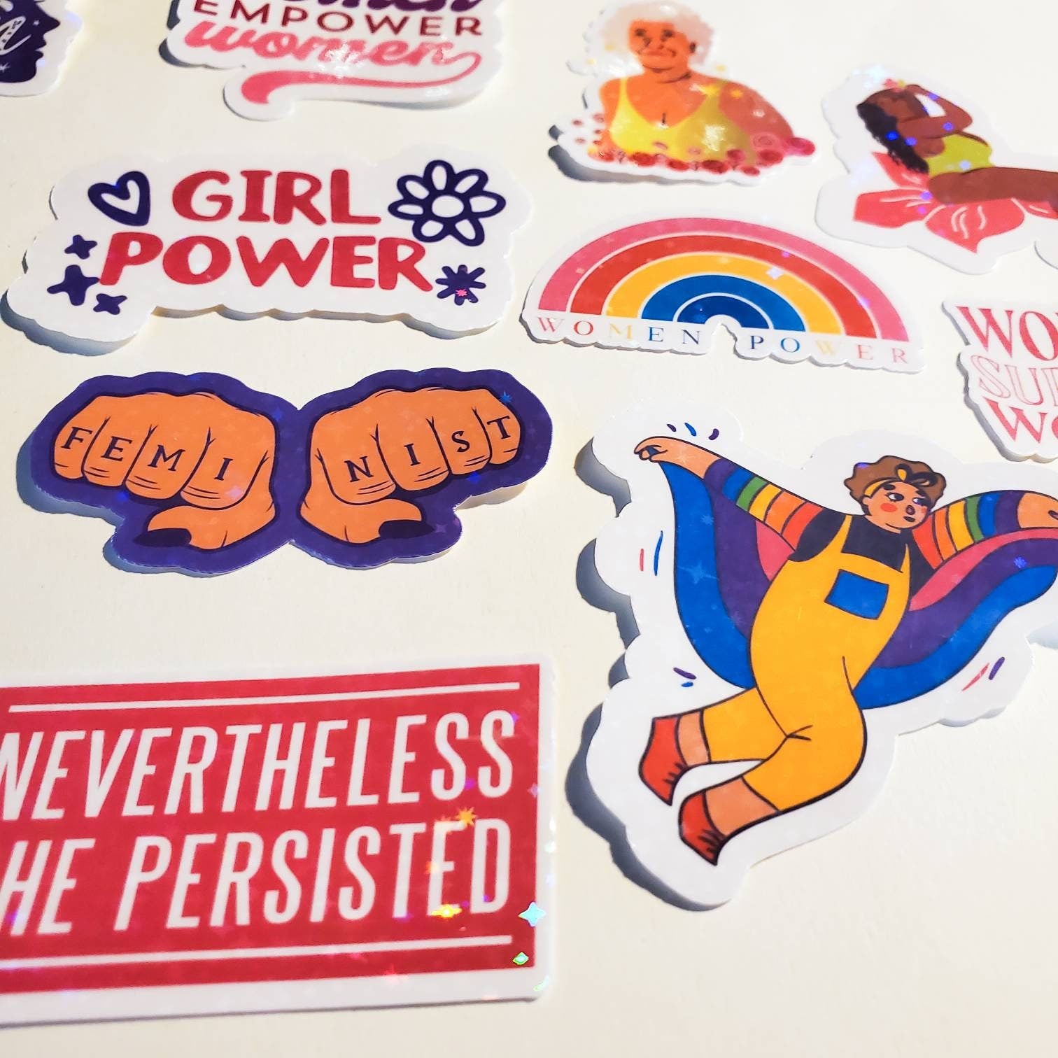 Girl Power Sticker Pack - 13 Stickers Holographic or Sparkle Finish - Intersectional Feminism Inclusivity Feminist Women Empowerment Persist