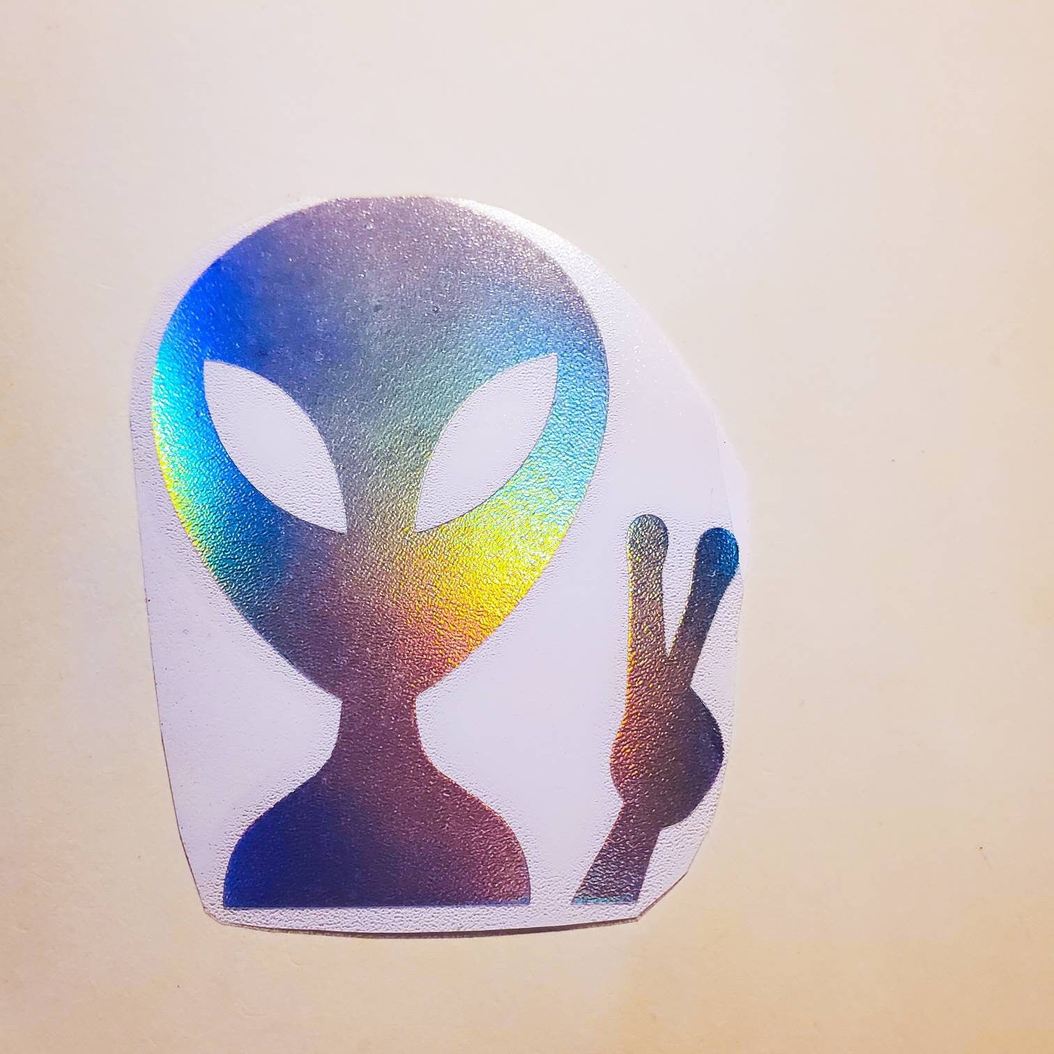 Peace Alien Holographic Sticker - Vinyl Waterproof Decal - 2.8" x 3.5" - alien peace sign car decal silver rainbow holo space ufo skate